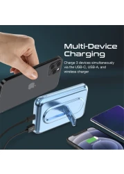 Promate Magnetic Wireless Power Bank, 10000mAh 15W Qi Wireless Mag-Safe Battery Pack with 20W USB-C Power Delivery Port, 18W QC 3.0 Port and Foldable Stand for iPhone 13, iPad Air PowerMag-10Pro Blue