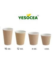 YESOCEA [50 Set] 4 oz. Kraft Disposable Coffee Cups With Lids - Triple Wall Ripple Brown Hot Paper Cups for Tea, Drinks To-Go
