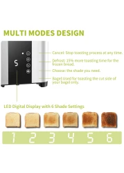 Dealio 4 Slice Toaster with Extra-Wide Slots – Adjustable Temperature Control, Defrost & Reheat Functions for Bread, Bagels & Snacks, Stainless Steel Breakfast Toaster 1400W