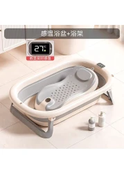 حوض استحمام قابل للطي للأطفال مع مؤشر لدرجة الحرارة، حوض استحمام أساسي للأطفال حديثي الولادة والرضع مع وسادة دعم المقعد