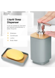 Bamboo Bathroom Accessories Set of 6 Modern Design 6 Pieces Bathroom Accessory Set Soap Dispenser Toothbrush Holder Tooth Mug Soap Dish Toilet Brush Rubbish for Bathroom Home Decor (Grey)