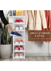 Foldable 6-Tier Clear Plastic Shoe Rack Organizer with Doors, Premium Space-Saving, Durable, No-Assembly, Expandable, Portable Transparent Shoe Storage Cabinet for Home, Entryway, Living Room or Dorm