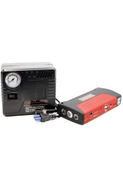 مجموعة بطاريات محمولة لتشغيل السيارة مع كابل معزز قوي، ضاغط هواء، بطارية إضافية، كابل توصيل، منفاخ إطارات وإضاءة LED منفذا USB/DC 12 فولت