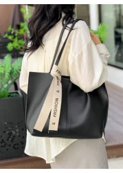 Women s Versatile Solid Color Handbag Malist PU Leather Large Capacity Shoulder Bag With Silk Scarf Decor Lightweight Large Capacity Shopping Bags For Daily Office Work Fashion Waterproof Square Tote