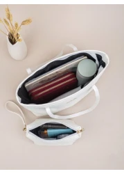 2pcs Quilted Wavy Pattern Large Capacity Tote Bag With Geometric Design Vintage Style Shoulder Tote Shopping Bag Coin Purse For Women