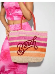 SHEIN BAE Casual Holiday Colorblock Striped Letter Embroidery Tote Bag