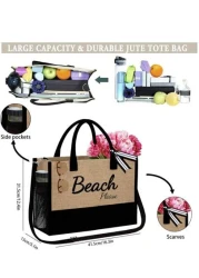 طقم حقيبة كتف بطباعة رسائل شاطئية من كتان بسيط، حقيبة تسوق بقايا صالحة لإعادة الاستخدام وحقيبة مكياج، حقيبة ه