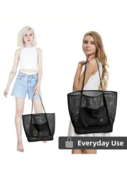 1pc Beach Mesh Tote Bag Casual Tote Bag Women Foldable Shoulder Handbag For Beach Picnic Vacation Large Capacity Waterproof Beach Bag Lightweight Foldable Beach Bag Portable Travel Bag Travel Essentia