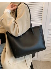 Autumn Winter New Retro Large Capacity Solid Color Shoulder Tote Bag For Women Letter Foil Leather Tag Decor Fashion Metal Chain Strap Casual Dual Handle Tote Shoulder Crossbody Bag Versatile Commuter