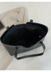 حقيبة كتف ذات تفاصيل خياطة سعة كبيرة ذات طراز بسيط من جلد اصطناعي ل- الأعمال/التنقل/العمل/حقيبة المدرسة العليا