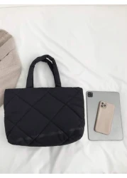 حقيبة تسوق قابلة للطي من القماش المنقوش، متعددة الاستخدامات للأعمال الرسمية والكاجوال، باللون الأسود، لوازم