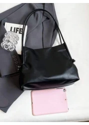 حقيبة نسائية بسيطة من الجلد الصناعي، حقيبة سفلية كبيرة بسعة كبيرة موحد اللون عادية، حقيبة كتف يومية بسيطة ذات