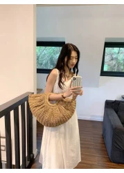1pc Large Capacity Khaki Tote Bag Woven Straw Open Top Round Bag For Travel Vacation Beach Summer Straw Beach Bag For Women Vacation Essentials Perfectly Matching With Beach Accessories Women