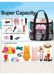1PC Large Mesh Beach Bag Sandproof Swim Tote Bag Oversized For Family Foldable Lightweight Pool Boat Bag With Zipper And Extra Pockets For Toys Vacation Beach Cruise Essentials School Bag Large Capaci