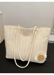 Versatile Solid Color Straw Tote Bag For Women Fashion Large Capacity Woven Underarm Bag Boho Style Small Daisy Decoration Shoulder Bag Lightweight Daily Commuting Shopping Beach Bags Exquisite Summer
