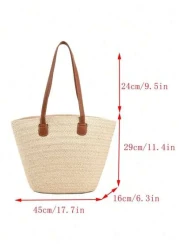 Straw Bag Straw Woven Handbag Beige Women Tote Bags Large Capacity Portable Beach Holiday Bag Double Handle Shoulder Bag Lunch Bag Business Bag Women s Stylish Shopping Bag For Teen Girls Women Colleg