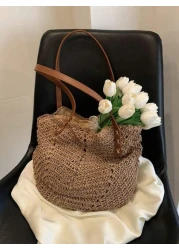 حقيبة قش سعة كبيرة بمقبضين موضة جديدة للنساء، مناسبة للتنقلات اليومية والتسوق والسفر، تصميم خفيف وعملي مثالي