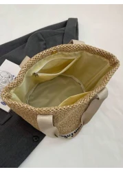 Women s Stylish Woven Straw Beach Tote Bagschool Tote Bag School Bookbag Portable Foldable Business Casual Suitable For Teen Girls Women College Students Teacher Rookies White Collar WorkersCollege Va