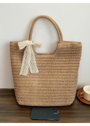 1pc Large Capacity Woven Rattan Handbag Solid Color Summer Beach Bag For Ladies School Bag Portable Large Capacity Lightweight For Teen Girls Women College Students College Middle School High School O