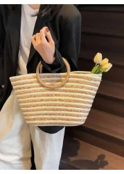 حقيبة قش كبيرة السعة ذات استخدام متعدد للنساء بمقبض دائري مخطط، حقيبة تسوق وشاطئ مناسبة للعطلات والسفر