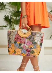 SHEIN VCAY Leaf Flower Pattern Top Handle Bag Sequin Embroidery Detail Woven Bag Perfect For Summer Beach Travel Vacation For Outdoor Holiday Picnic Summer Essentials Perfect For Vacation Holiday Exqu