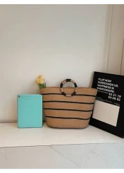 حقيبة كبيرة السعة منسوجة من القش، حقيبة يد عصرية متعددة الاستخدامات للنساء، حقيبة تسوق ذات نمط مخطط، حقيبة يد