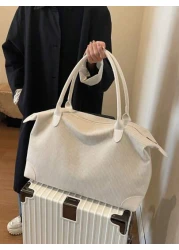 A Plain Corduroy Casual Minimalist Style Large Capacity Foldable Zipper Hand Held Shoulder Tote Bag Suitable For Women s Daily Commuting Shopping Travel Vacation Mommy Storage Bag