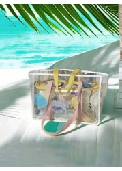 1 2pcs Clear Mesh Large Capacity Tote Bag Beach Bag PVC Waterproof Sandproof Storage Bag Mesh Beach Bag Large Beach Tote Bag Summer Beach Toy Storage Bag Bathroom Bag Foldable Shoulder Handbag Beach S