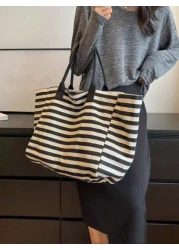 Yogodlns Simple Stripe Design Tote Bag For Girls Women Canvas Shoulder Bag Ladies Shopping Bags High Quality Handbagsschool Tote Bag Portable Foldable Business Casual Suitable For Teen Girls Women Col
