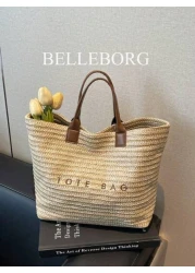 حقيبة نسائية كبيرة السعة ذات تصميم بسيط وأنيق من القش مناسبة للعطلات والاستخدام اليومي