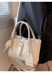 Fashionable Minimalist Casual 1pc Fashionable Solid Color Lychee Pattern Pu Leather Handbag Crossbody Bag With Lock Decoration And Silk Scarf Suitable For Daily Use For Girl Teen Girls