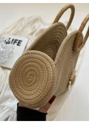 Straw Semi Circular Tote Bag Ring Top Handle Woven Basket With Daisy Decor Bohemia Travel Crossbody Bags Women s Trendy Solid Color Handbag For Summer Outdoor Picnic Basket Perfect For Gifts Storage A