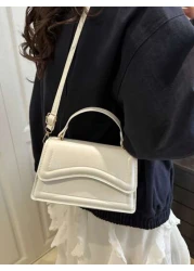 New White Solid Color PU Leather Small Square Handbag Simple Stylish Casual Shoulder Bag With Detachable Adjustable Strap For Women
