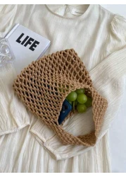 1 Piece Set Of Polyester Thread Hook Mesh Eyelid Bottom Multicolor Solid Color String Knitting Handbag Argyle Lightweight Portable Large Capacity Cute Kawaii Fashionable Quilt Bag Beach Bag For Women