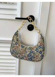Fashion Metal Chain Handbag With Flower Design Floral Printed Canvas Shoulder Bag Tready Crescent Moon Bag For Women Exquisite Floral Bag For Women