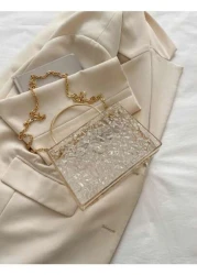 Mini Chain Decorated Transparent Water Wave Pattern Hard Shell Metal Hand Held Box Bag