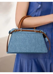 MOTF PREMIUM CONTRAST BUCKLE DETAIL DENIM EFFECT PRINT TOP HANDLE BAG