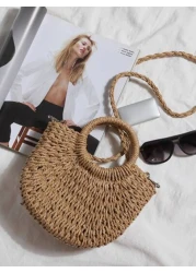 Yogodlns حقيبة كروس بودي محاكة من القش مزينة باللآليء والورد اليدوية حقيبة يد صغيرة عصرية للصيف