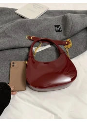 New Fashion Classic Joker Solid Color Pu Waterproof Fabric Handbag Bright Patent Leather Wine Red Bag Crescent Bag Shoulder Bag Letter Pattern Decoration Design Suitable For Traveling Shopping Commuti