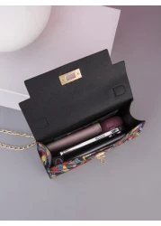 Crossbody Chain Mini Square Bag With Printed Top Handle And Multicolor Print For Women