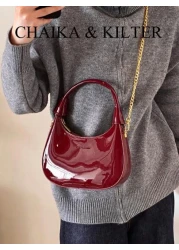 1pc CHAIKA KILTER Women Glossy PU Leather Tote Bag Fashionable Crescent Shaped Armpit Bag With Detachable Metal Chain Zipper Closure Suitable For Daily And Outdoor Use