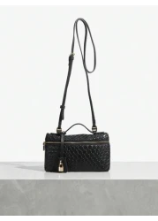 SHEIN SXY Ladies Women Top Handle Bags Woven Bags Fashionable Simple Elegant Versatile Classic Woven PU Red Bag Metal Padlock Decoration For Commute Office Date Daily Shopping Afternoon Tea