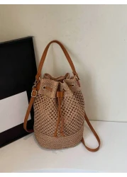 1pc Women s Khaki Drawstring Closure Straw Bucket Bag Bohemian Style Fashion Handbag Tote Bag Suitable For Holiday Travel Suitable For Gifts Parties And Other Occasions