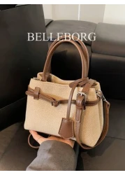 High Quality Casual Color Block Retro Canvas Leather Buckle Tote Handbag Versatile For Commuting Women