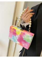 Oil Painting Colorful Metal Chain Shoulder Bag Crystal Pearl Decor Handbag Clutch Wallet Phone Bag For Daily Use And Travel Colorful Purse For Women