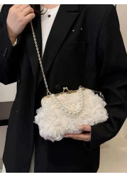 1pc White Romantic Wedding Season 2025 Spring Summer Pearl Net Yarn Flower Clip Pearls Handbag Ladies High End Luxurious Dress Evening Bag Bridal Bag For Wedding Party Banquet Elegant Pearl Bag Exquis