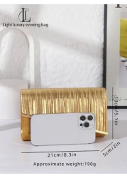 1 قطعة حقيبة سهرة مثالية وأنيقة للنساء، مذهبة وذات طيات لامعة، مزينة بخطوط معدنية، حقيبة متعددة الاستخدامات م