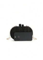 1pc Elegant Mini Solid Color Satin Textured Pleated Oval Clutch Bag Suitable For Party Wedding Formal Events