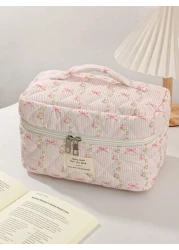 1 حبة / مجموعة حقيبة مكياج زهرية وردية للبنات، حقيبة تخزين متعددة الوظائف مع سحّاب لمستحضرات التجميل والمواد ا