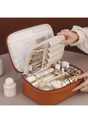 Multi Layer Large Capacity Removable Makeup Bag Faux Leather Travel Cosmetic Storage Box With Brush Holder Portable Unisex Beauty Essentials Case Non Alcoholic Cosmetics Organizer Solution Elegant Des